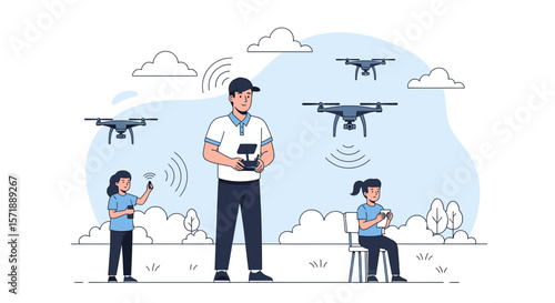 Family Enjoying Drone Flight In The Park With Modern Technology Devices