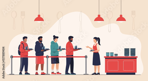 Diverse Students Stand In Cafeteria Line Holding Trays Waiting For Food