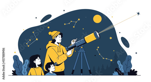 Family Expedition Exploring Universe Stars With Telescope Under Night Sky