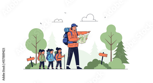Family Expedition Navigating Wilderness Adventure Through Forest Trail Guidance
