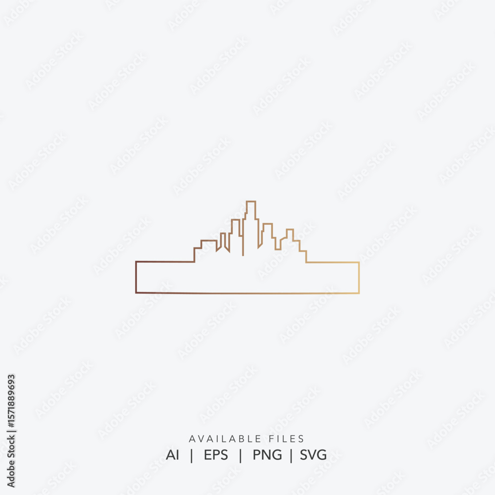 Naklejka premium Minimalist Golden City Skyline Logo, Modern Architectural Cityscape Silhouette Logo, Abstract Outline City Logo