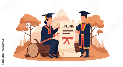 Graduation Ceremony In Nature With Diploma And Graduating Students Illustration