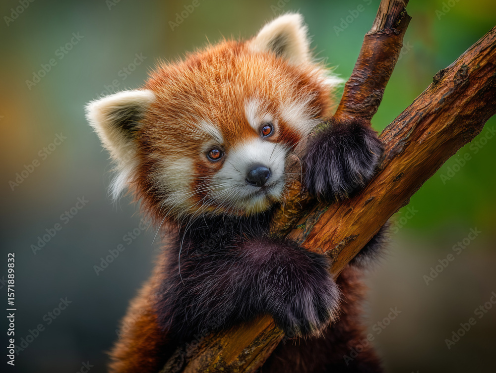 Obraz premium Adorable red panda cub hugging a tree branch