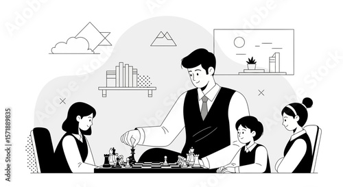 Family Strategy: Father Teaching Chess Game To Childrens At Home Monochrome