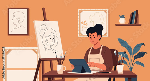Creative Artist Working on Digital Portrait Using Tablet in Home Studio