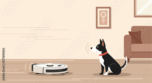 Dog Staring At Robot Vacuum Cleaner Working In The Living Room At Home