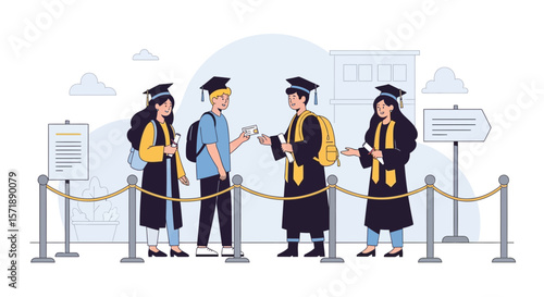 Graduation Ceremony Ticket Check Process Line Of Graduating Students