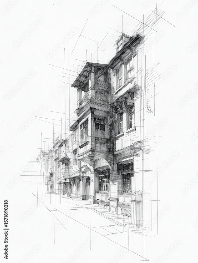 Fototapeta premium This artwork features a detailed architectural sketch showcasing a building with intricate designs and structural elements. The perspective emphasizes depth and the play of lines in its composition.