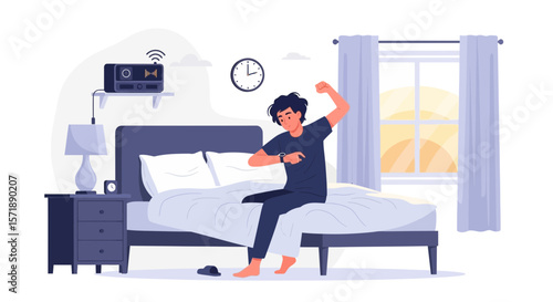 Early Morning Routine A Young Man Checking The Time While Stretching