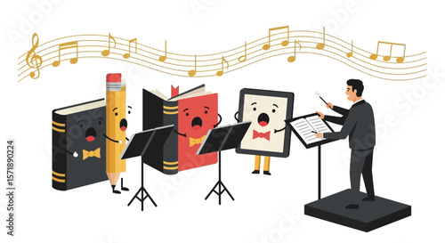 Cartoon Choir Featuring Books Pencil And Tablet Singing Directed By Conductor