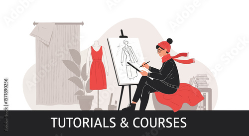Fashion Designer Creating New Clothing Designs On Canvas In Creative Studio