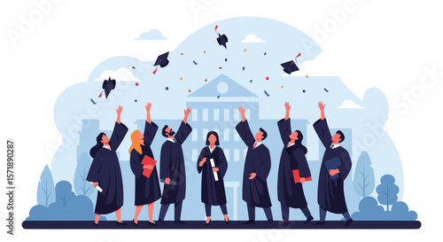 Graduation Ceremony With Students Tossing Hats Near University Celebrating Success