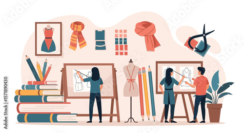 Fashion Designers Collaborate On New Clothing Collection Project In Design Studio