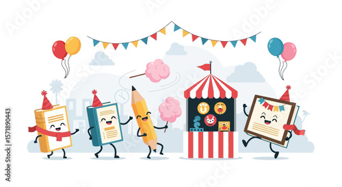 Education Carnival Joyful Celebration With Animated Books Pencil And Fairground