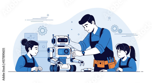 Father And Children Constructing And Studying A Robotics Project At Home