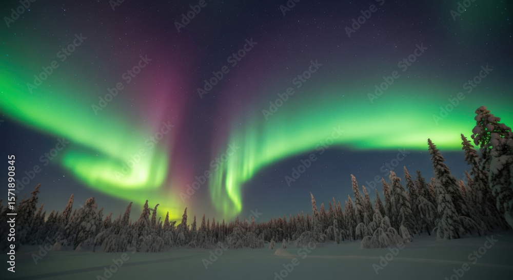 Fototapeta premium A vibrant aurora borealis display over a snow covered landscape with trees and a starry night sky
