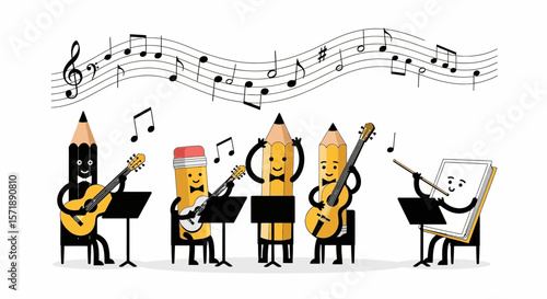Cartoon Pencils Band Playing Music With Notes On Top Vector Illustration