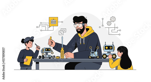 Father Teaches Children About Robotics And Engineering With Funny Robots At Home