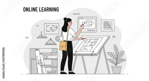 Female Architect Design Creative Blueprint With Drafting Tools And Online Learning