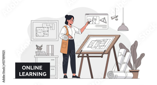 Female Architect Design Building Blueprint On Drawing Board In Office Workplace