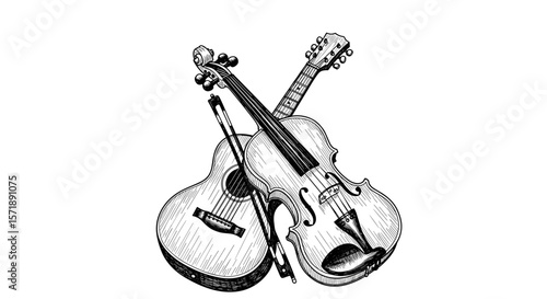 Vintage sketch doodle violin and guitar, antique musical instruments