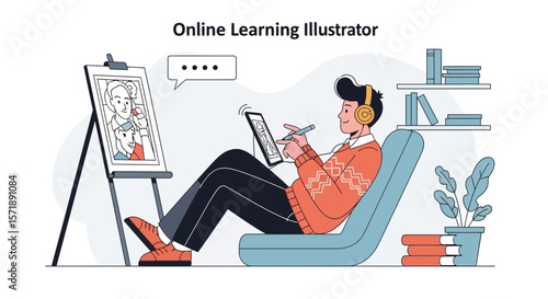 Creative Digital Artist Sketching Artwork Online Using Tablet With Easel at Home