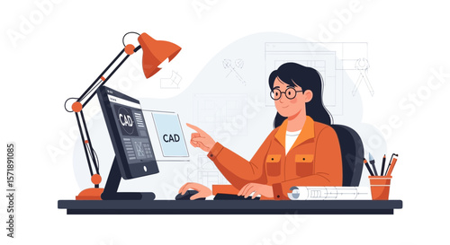 Female Architect Working On Cad Software Creating Technical Drawings In Her Office