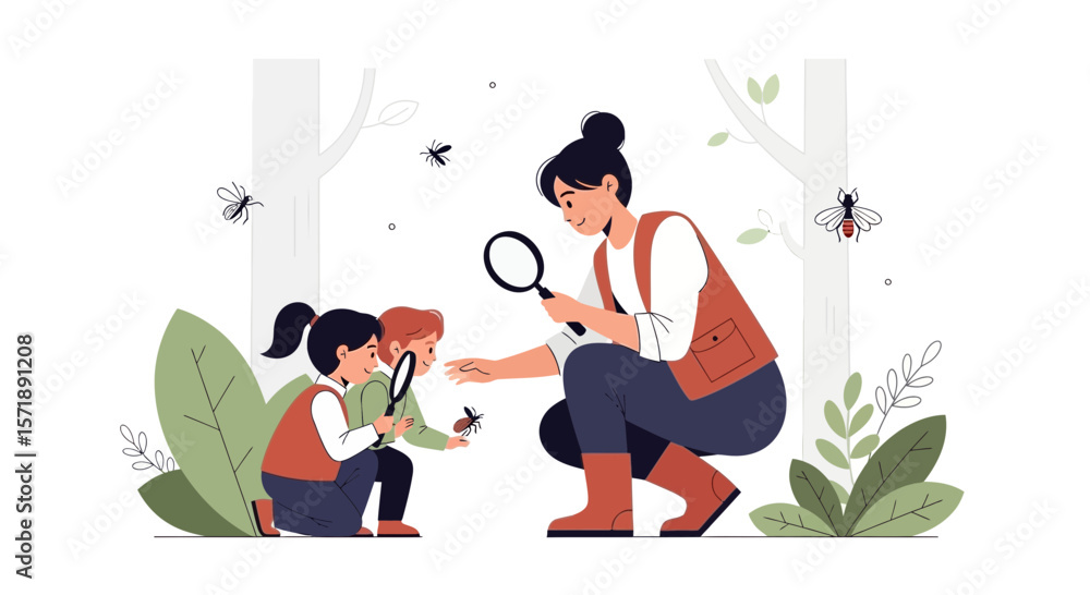 Fototapeta premium Educational Outdoor Exploration Children Discovering Nature With Their Teacher