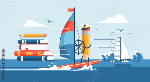 Creative Education And Knowledge Concept Pencil Captain Sailing Through The Sea Of Information