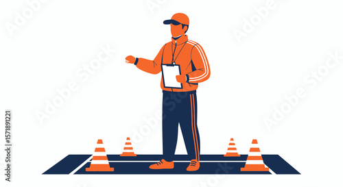 Cartoon Trainer Explaining An Activity With Cones On The Field Illustration