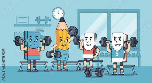 Cartoon Stationery Characters Training With Dumbbells In A Gym With Determined Faces