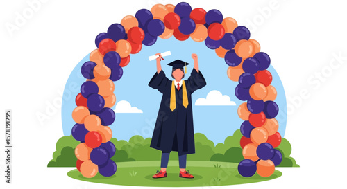 Celebrate Graduation Achievement With Balloon Arch And Triumphant Student Pose