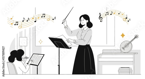 Female Conductor Leading Orchestra Rehearsal With Flutist In Music Room Illustration