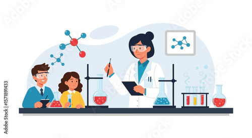 Educational Science Experiment With Teacher and Students In Classroom Illustration