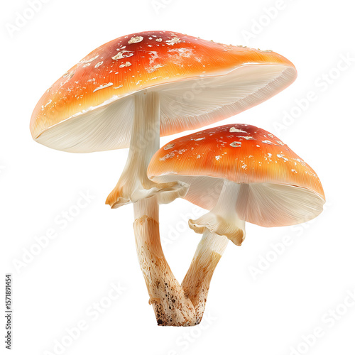 Two vibrant red mushrooms with white spots. They stand close together. This image captures the beauty of the natural world.