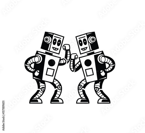 Two robots fighting vector in black color on white background.
