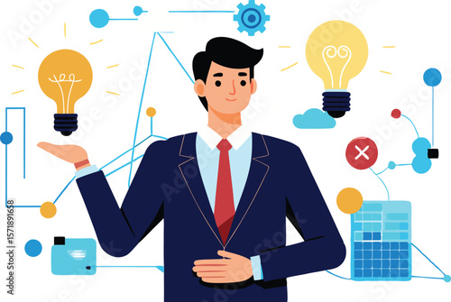 A collection of stylized illustrations depicting businessmen holding glowing light bulbs, symbolizing bright ideas, innovation, and successful concepts in a corporate context