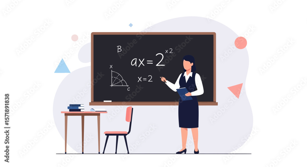 Fototapeta premium Female Professor Teaching Algebra Equation on Blackboard in Classroom Illustration