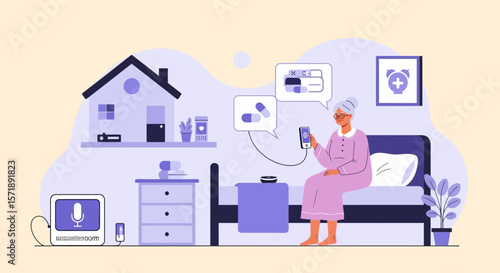 Elderly Woman Using Smart Technology For Health Monitoring And Medication Reminders