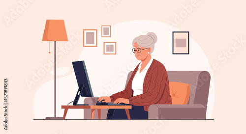 Elderly Woman Working On Computer At Home For Online Communication