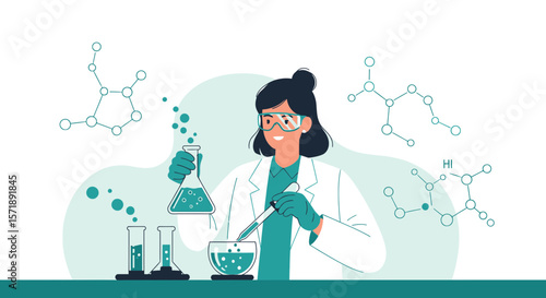 Female Researcher Conducts Experiment In A Laboratory With Beaker And Flasks