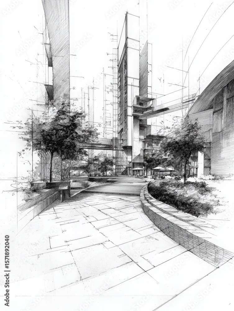 Fototapeta premium This artistic representation features a detailed urban environment. It highlights modern buildings intertwined with greenery, showcasing landscaped pathways that invite exploration.