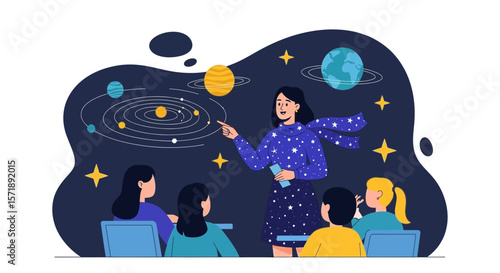 Female Teacher Explaining Solar System to Diverse Group of Students in Classroom