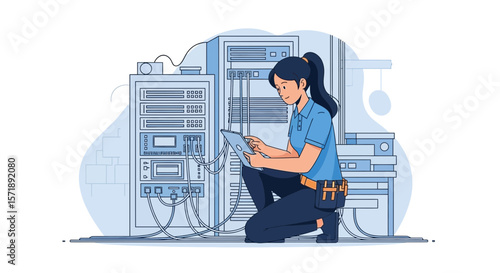 Female Technician Configuring Server Racks With Tablet Inspecting Datacenter Network