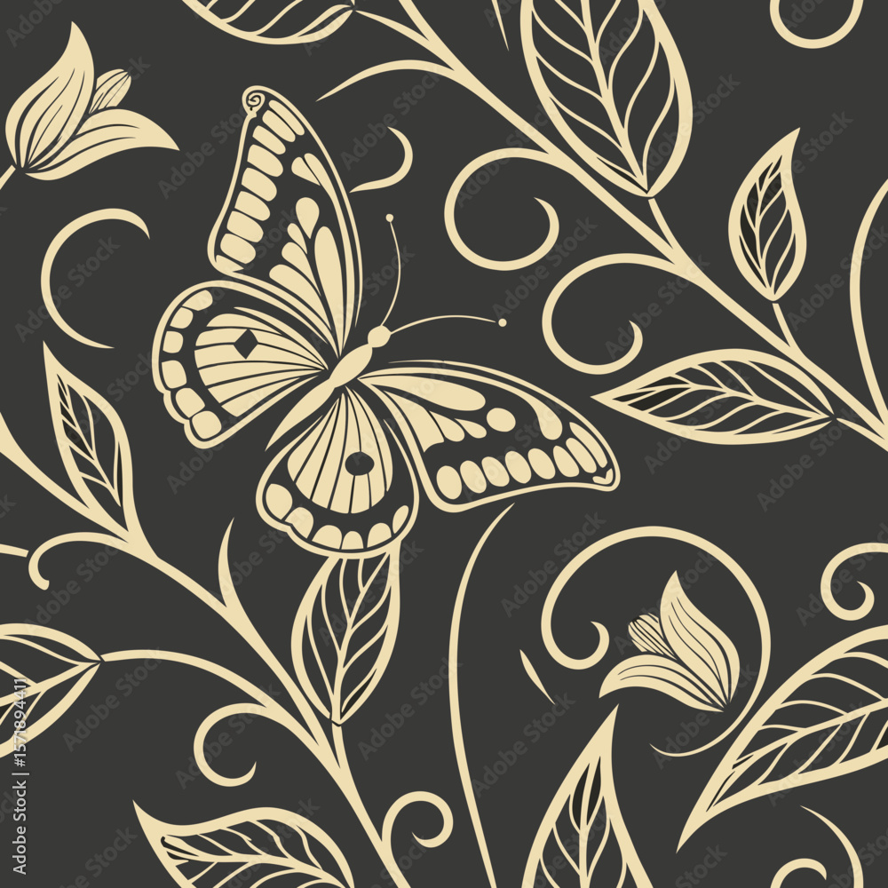 Fototapeta premium Butterfly and Floral Pattern: Seamless pattern featuring detailed butterflies and swirling floral vines on a dark background. Suitable for elegant fabrics, wallpapers, and nature-inspired designs.