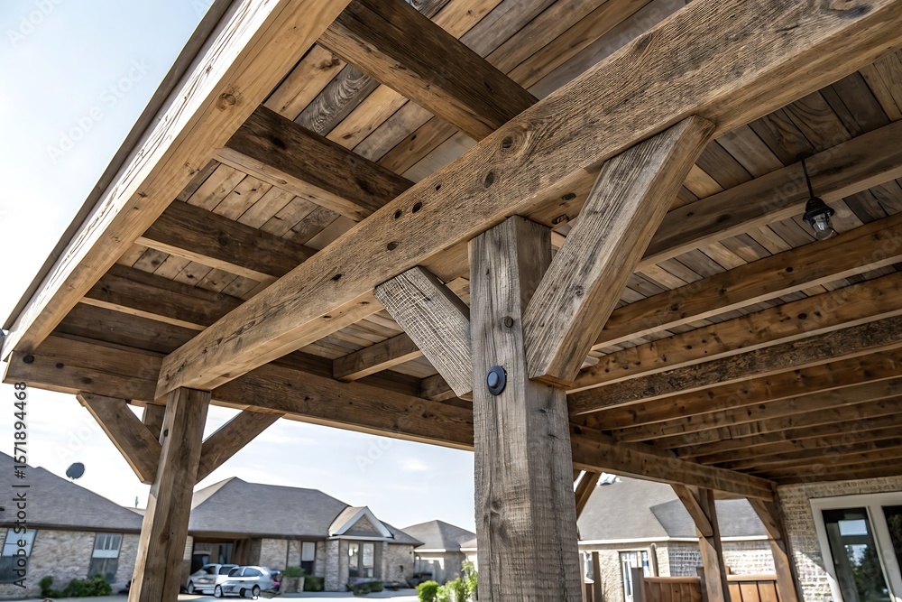 Rustic Wooden Pergola Structure with Weathered Beams and Detailed Joints for Outdoor Patio or Backyard Spaces Rustic Wooden Pergola Structure with Weathered Beams and Detailed Joints for Outdoor Patio or Backyard Spaces