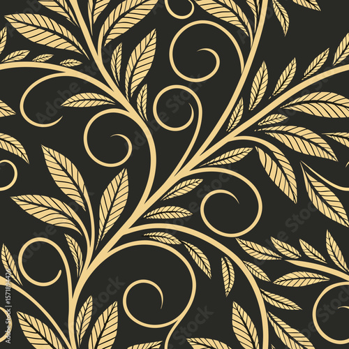 Elegant seamless Art Deco pattern featuring gold filigree swirls and leaves on a rich black background. Ideal for luxury branding, invitations, packaging, and sophisticated designs.