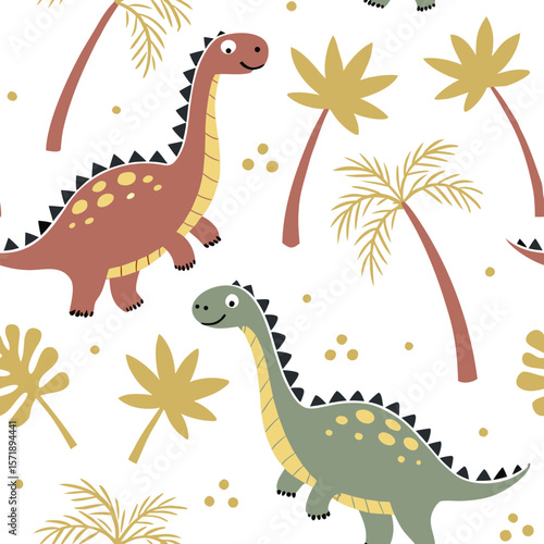 Cartoon Dinosaurs Kids Room: Playful seamless pattern featuring cartoon dinosaurs and palm trees in bright colors. Ideal for kids’ bedroom decor, nursery textiles, and playful children’s products.