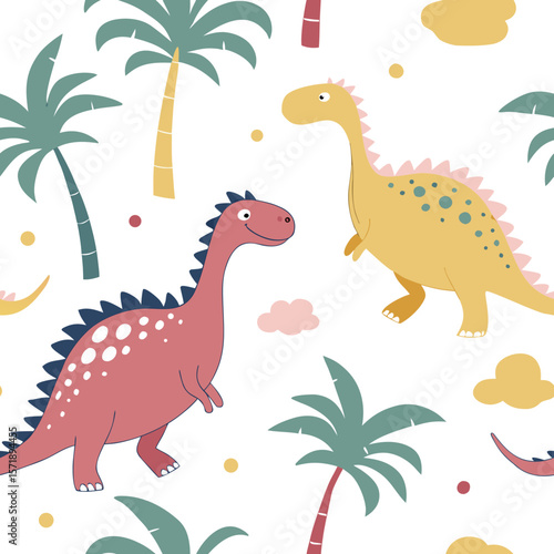 Seamless pattern with cheerful cartoon dinosaurs and palm trees in playful pastel colors. Perfect for children’s room decor, nursery wallpaper, and kids’ apparel.