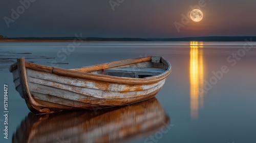 Weathered wooden rowboat floating on calm water